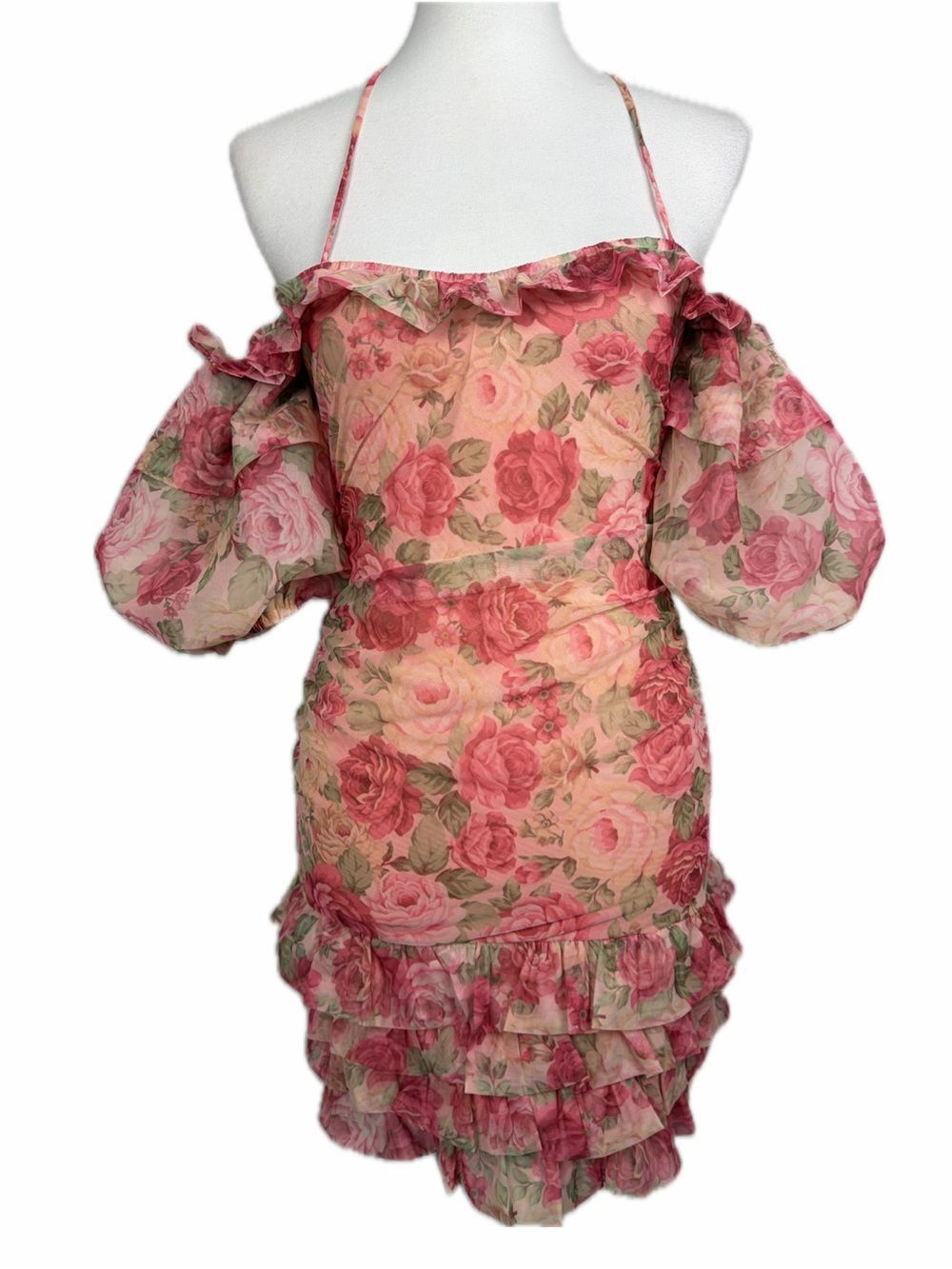 Alamour the Label Shailee Ruched Floral Mini Dress S Off Shoulder Puff Coquette